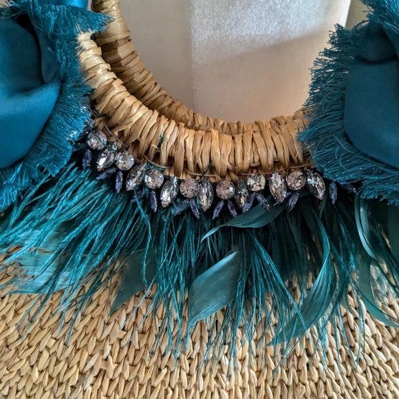 NWT! Sam Edelman Eliya Emerald Feather Straw Bag - Picture 6 of 7